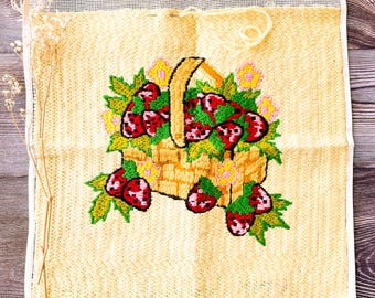 Vintage strawberry basket needlepoint square panel in yellow and red