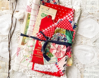 Vintage quilt and fabric bundle, for junk journals, slow stitch, textile arts