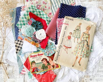 Bundel vintage quiltstof, zak katoen doorvoeren, naaien, rommeljournaal, langzame steek, textielkunst