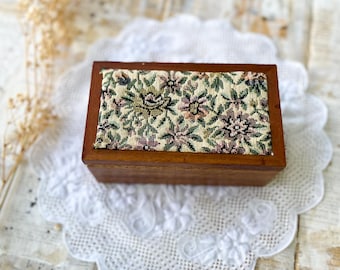 Vintage tapestry small wooden treasure box with vintage sewing thread