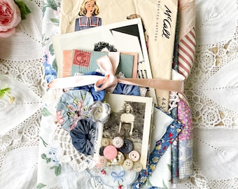 Bundel met vintage quiltvoerzak, jurkpatroon, langzame steek, naaien, textielkunst