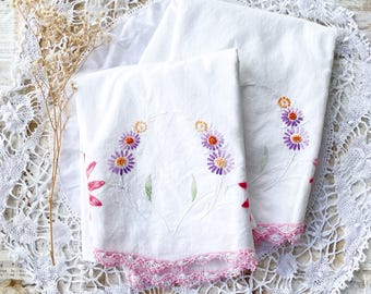 Vintage pair of pink embroidered pillowcases with crocheted edging, romantic decor, shabby chic