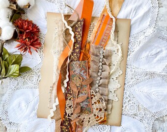 Vintage fall trim lace bundle, Golden Harvest kit, fall crafts, junk journals, slow stitch, textile arts
