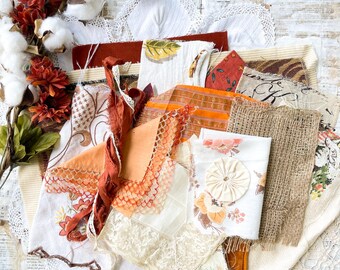 Deluxe Fall Fabric Ephemera Lace Bundle, for Junk Journals, Vintage Textiles, Textile Arts