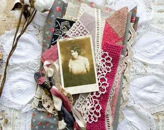 Antique Quilt Fabric Bundle, Pink and Grey, Cutter Pieces, Slow Stitch Kit, Textile Arts