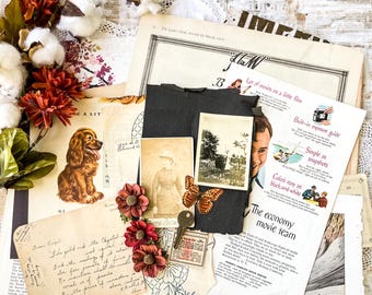 Large antique vintage ephemera pack, Autumn Rose, for junk journals, collage, mixed media art