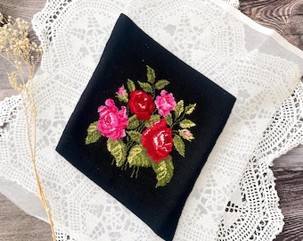 Vintage floral red and black rose patterned needlepoint square panel