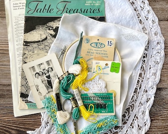 Vintage Needlework 'Table Treasures' Booklet and sewing notions kit in teal & yellow