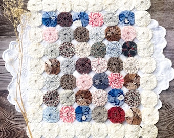 Vintage quilted yoyos panel for sewing, crafting, textile arts