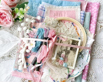 Vintage stoffenbundel, borduurpakket, quiltblokken, benodigdheden voor langzame steken