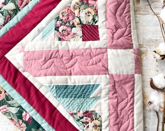Vintage handmade quilt diamond pattern in rasberry red sage green and cream