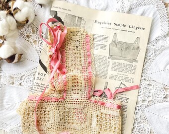 Vintage hand crocheted ladies dress trim with pink ribbons