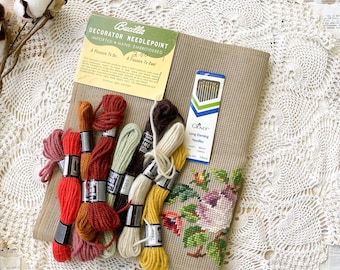 Vintage Bucilla Floral Needlepoint Kit, DMC Wool Yarn, Sewing Needles