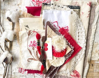 Vintage Red Quilt Fabric Bundle, Cutter Pieces, Slow Stitch Textile Arts