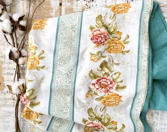 Vintage Rose Floral Tablecloth, Teal Cream Paisley Linen MCM Linens
