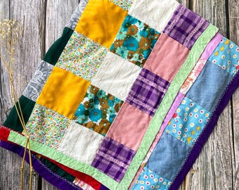 Vintage Handmade Quilt, Colorful Patchwork, Reversible, Lightweight, 33" x 52"