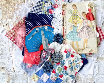 Bundel vintage quiltstof, zak katoen doorvoeren, naaien, rommeljournaal, langzame steek, textielkunst