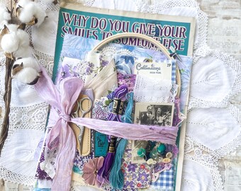 Vintage Embroidery Sewing Kit, Slow Stitch, Junk Journal Supplies, Textile Arts 'Someone Else'
