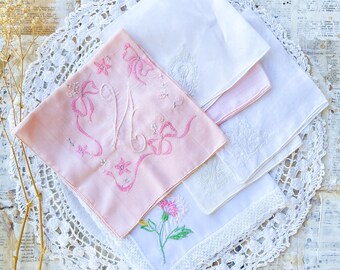 Vintage Embroidered Hankies Set, Pink and White