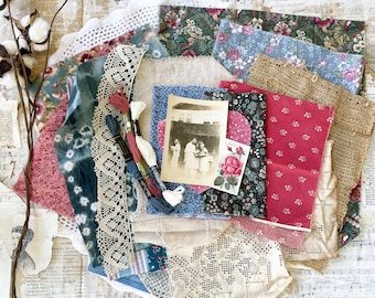 Vintage fabric bundle, ephemera, junk journal kit, sewing, slow stitch, textile arts