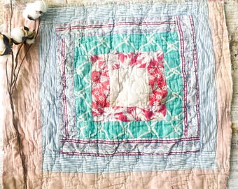 Vintage Quilt Piece, Feed Sack Cotton Scraps, Sewing Textile Arts