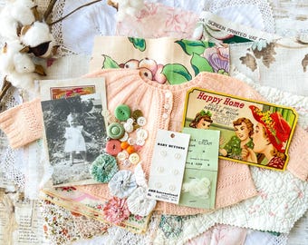 Vintage Peach Baby Sweater Sewing Bundle, Floral Cotton, Linen, Buttons, Notions
