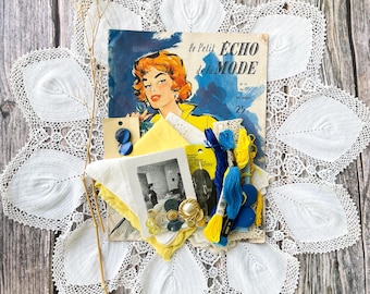 Vintage Frans kortstondig naaisetje voor rommeltijdschriften, textielkunst, naaien, knutselen
