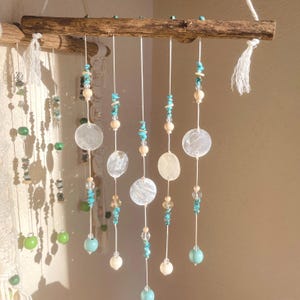 Bohemian mobile in wood, Suncatcher crystal and natural stones Turquoise Shells - Entirely natural - Summer Vibe - Hanging decoration - Home