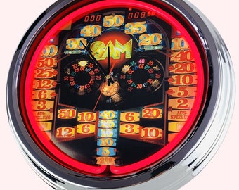 Merkur SAM slot machine large neon clock 17" inches (N-0813) retro wall clock in 50's style