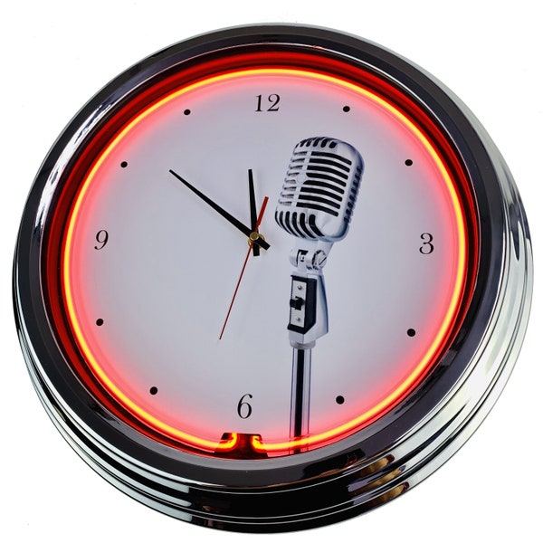 Microphone Shure SH55 Neon Clock 17" pouces (N-0308) Horloge murale rétro dans le style des années 50