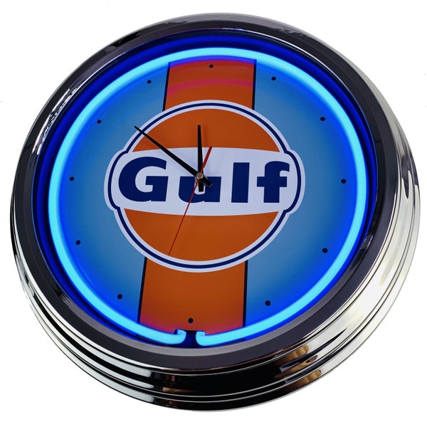 Gulf Racing Große Neon-Uhr 17" Zoll (N-0302) Retro Wanduhr im 50's Style