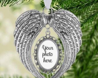 Adorno conmemorativo con foto – Regalo personalizado con alas de ángel – En memoria de un ser querido – Adorno navideño de condolencias