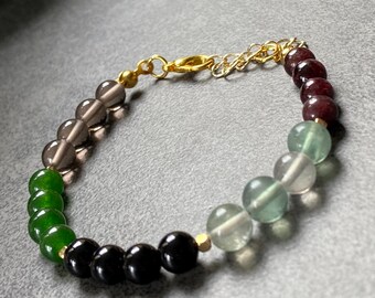 Handmade Capricorn Zodiac Bracelet, Natural Gemstones, Garnet, Black Onyx, Fluorite, Jade, Smoky Quartz