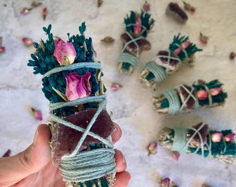 White Sage Smudge Stick with Amethyst Crystal, Rose Lavender Bundle, Energy Cleansing