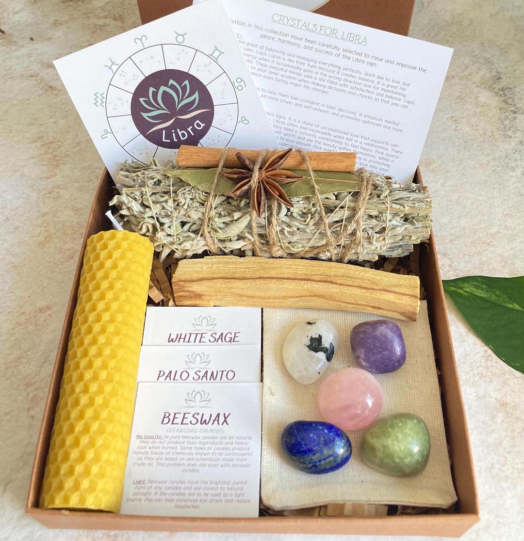 Libra Zodiac Crystal Set, Astrology Gift Box With Sage, Palo Santo ...