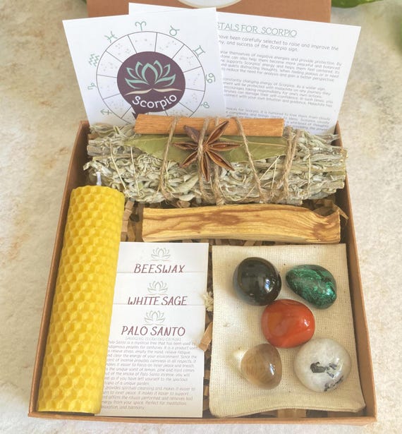Scorpio Zodiac Crystal Set, Astrology Gift Box with Sage, Palo Santo & Beeswax Candle