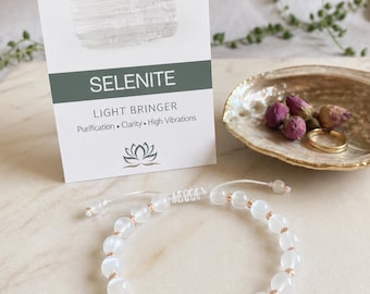 6mm Selenite Crystal Bracelet, White Natural Gemstone Bracelet, Pure Clarity Gift for Her