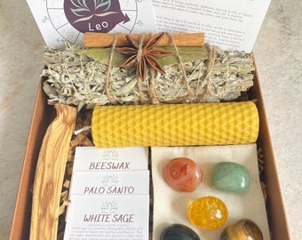 Leo Zodiac Crystal Gift Box, Astrology Ritual Set, Birthday Self-Care Kit
