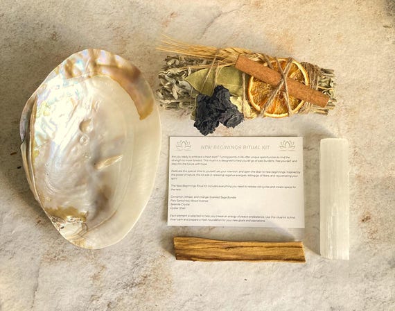 Natural mineral stone gift box, New Beginnings Ritual Kit, Selenite Crystal, Spiritual Cleansing Gift, Energy Cleansing Ritual Kit