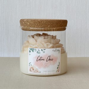Cotton Flower Handmade Candle - Soy Wax with Peony Flower, Grasse Fragrance, 50h diffusion
