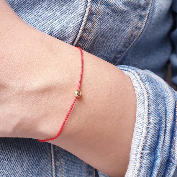 Gold bracelet Solid 18k bead - red cord string bracelet - friendship bracelet, wish, beaded cord bracelet, minimalist bracelet, gift for her