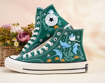 Custom Embroidered Converse High Tops, Custom Converse Chuck Taylor 1970s Manta Ray Embroidered, Ocean Embroidered Shoes Custom, Ocean Gifts