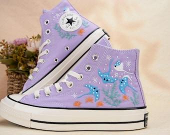 Custom Embroidered Converse High Tops, Custom Converse Chuck Taylor 1970s Manta Ray Embroidered, Ocean Embroidered Shoes Custom, Ocean Gifts