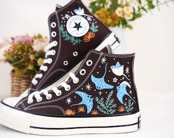 Custom Embroidered Converse High Tops, Custom Converse Chuck Taylor 1970s Manta Ray Embroidered, Ocean Embroidered Shoes Custom, Ocean Gifts