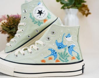 Custom Embroidered Converse High Tops, Custom Converse Chuck Taylor 1970s Manta Ray Embroidered, Ocean Embroidered Shoes Custom, Ocean Gifts