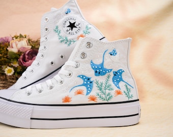 Custom Embroidered Converse High Tops, Custom Converse Chuck Taylor 1970s Manta Ray Embroidered, Ocean Embroidered Shoes Custom, Ocean Gifts