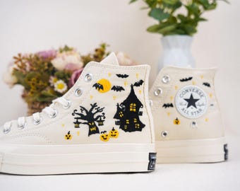 Custom Halloween Converse Embroidery Sneakers - Spooky Design Handmade Personalized Shoes,Embroidery Boo Shoes,Ghost Embroidered Converse