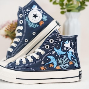 Custom Embroidered Converse High Tops/ Custom Converse Chuck Taylor 1970s Manta Ray Embroidered/Ocean Embroidered Shoes Custom/Ocean Gifts