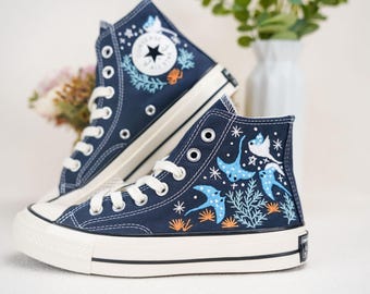 Custom Embroidered Converse High Tops/ Custom Converse Chuck Taylor 1970s Manta Ray Embroidered/Ocean Embroidered Shoes Custom/Ocean Gifts