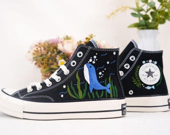 Custom Embroidered Converse High Tops, Custom Converse Chuck Taylor 1970s dolphin Embroidered, Ocean Embroidered Shoes Custom, Ocean Gifts